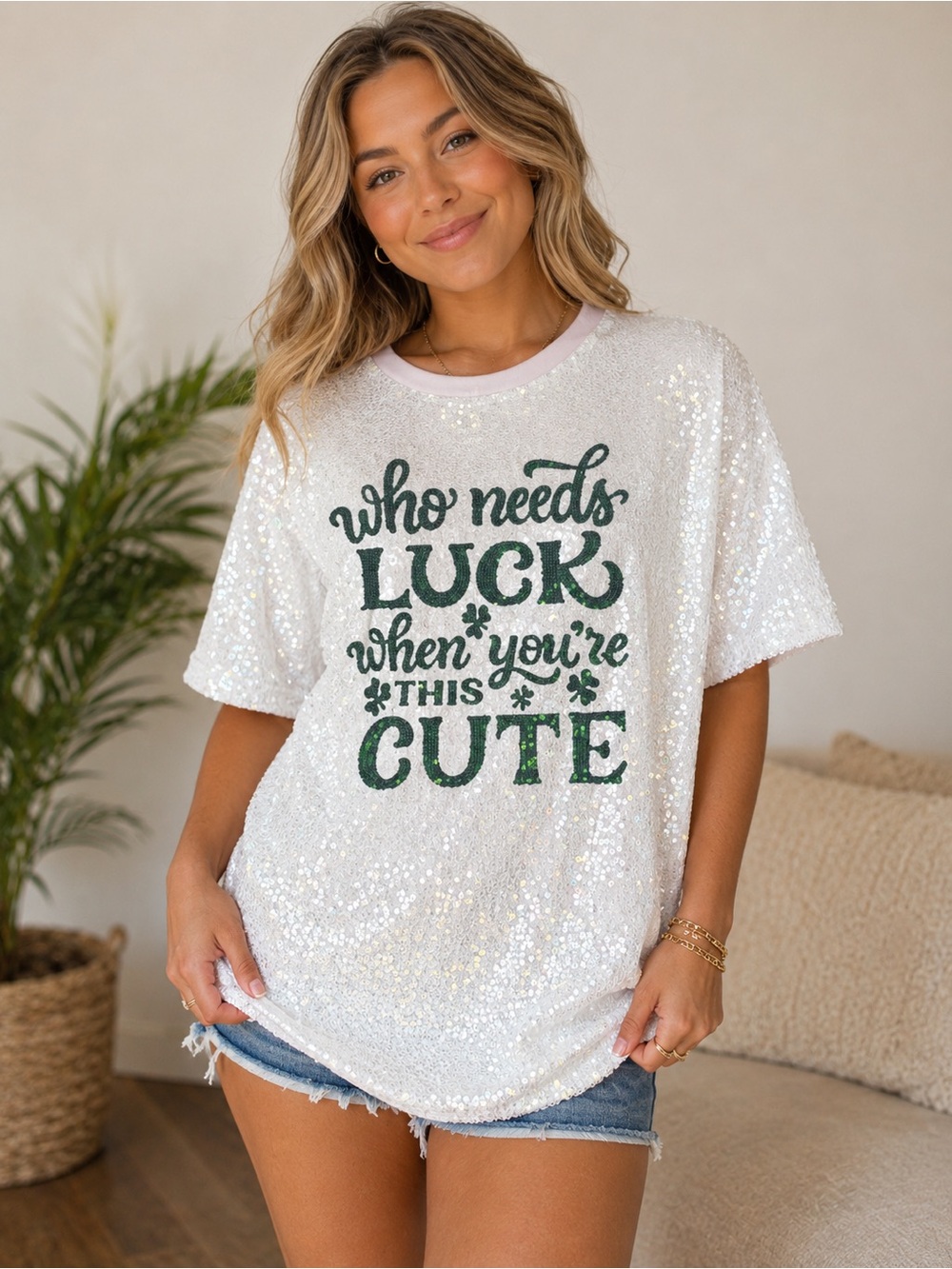 Sequin Short-Sleeve Tunic Tee in White with Green Print